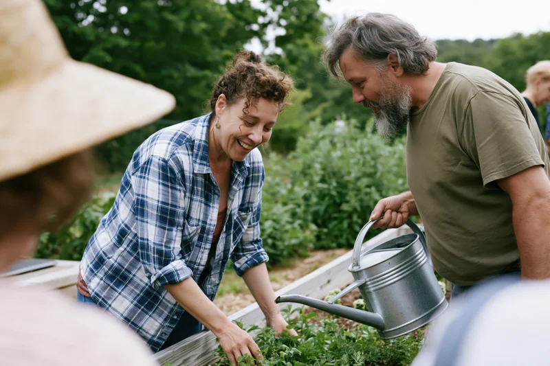 Woman and man tending plants in a raised garden bed outdoors