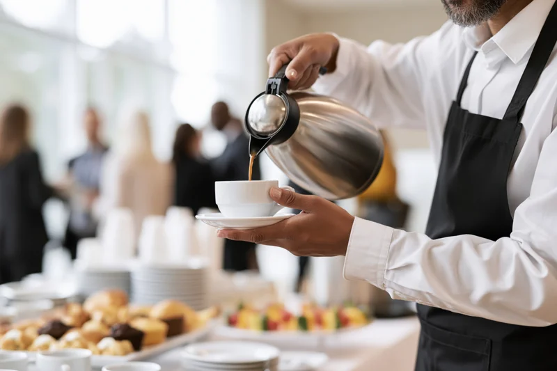 Waiter pouring coffee into a cup at a breakfast buffet table
