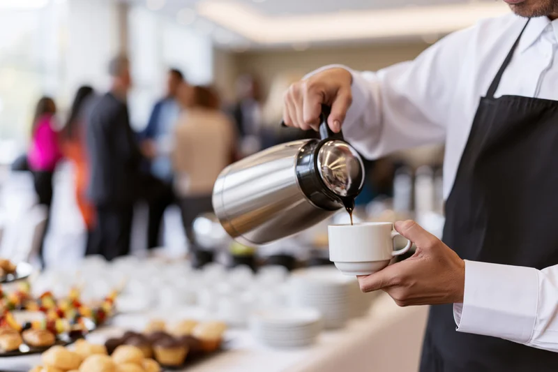 Waiter pouring coffee from a thermos into a cup at a buffet table with pastries and guests in the background