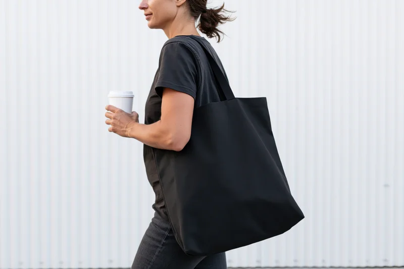 Woman walking with black canvas tote bag over shoulder holding coffee cup outdoors