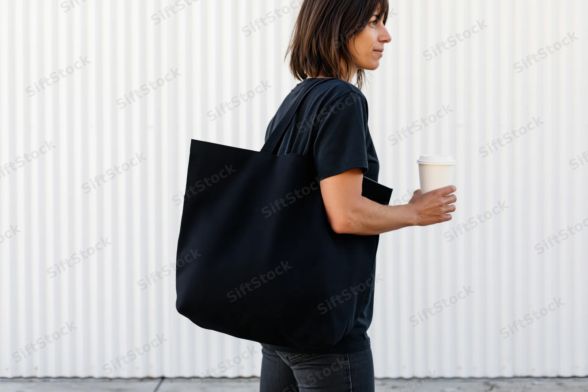 Woman carrying black canvas tote bag over shoulder while walking outdoors holding coffee cup