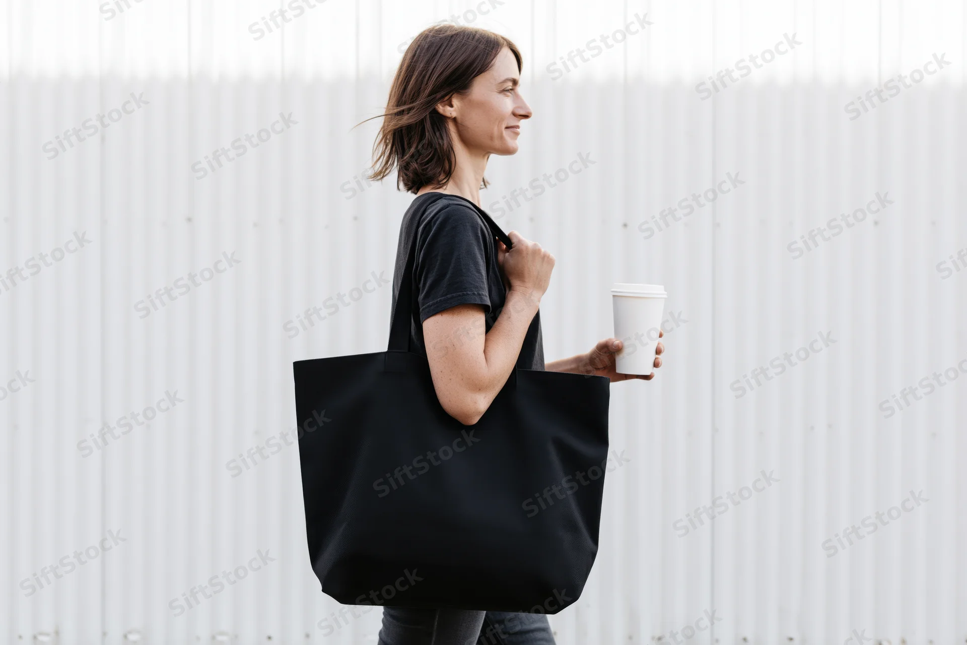 Woman walking with black canvas tote bag and coffee cup outdoors