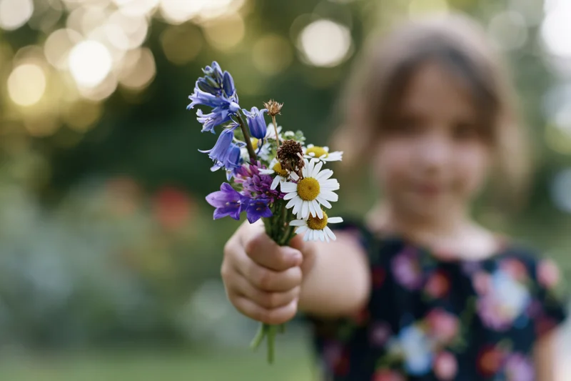 Young girl extending a small wildflower bouquet toward the camera in a sunlit garden