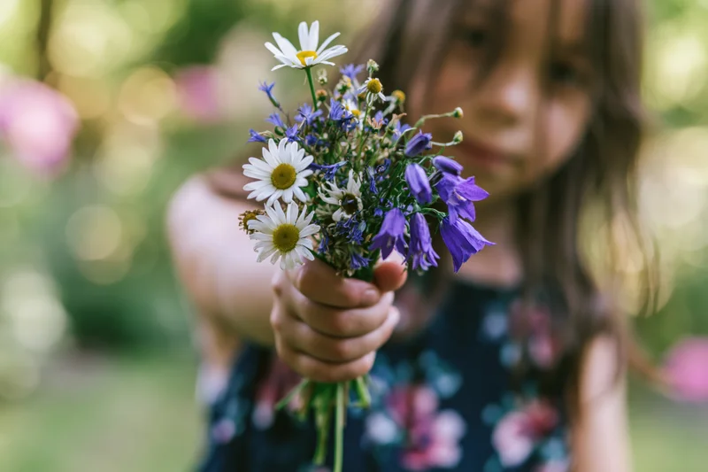 Young girl holding a small bouquet of wildflowers in a garden