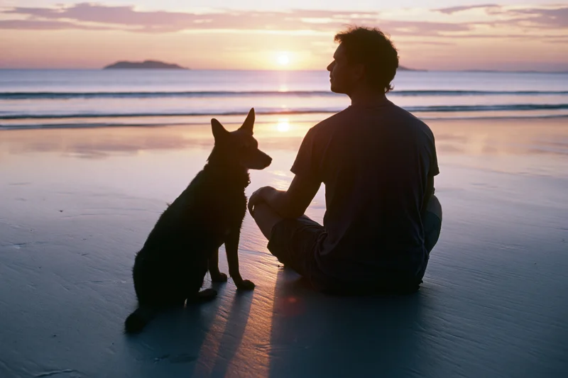 Young man sitting cross-legged on wet sand beside a dog at sunset on the beach
