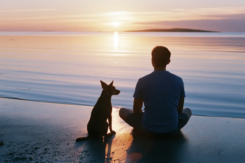 Young man sitting cross-legged with dog on wet sandy beach facing sunset over ocean