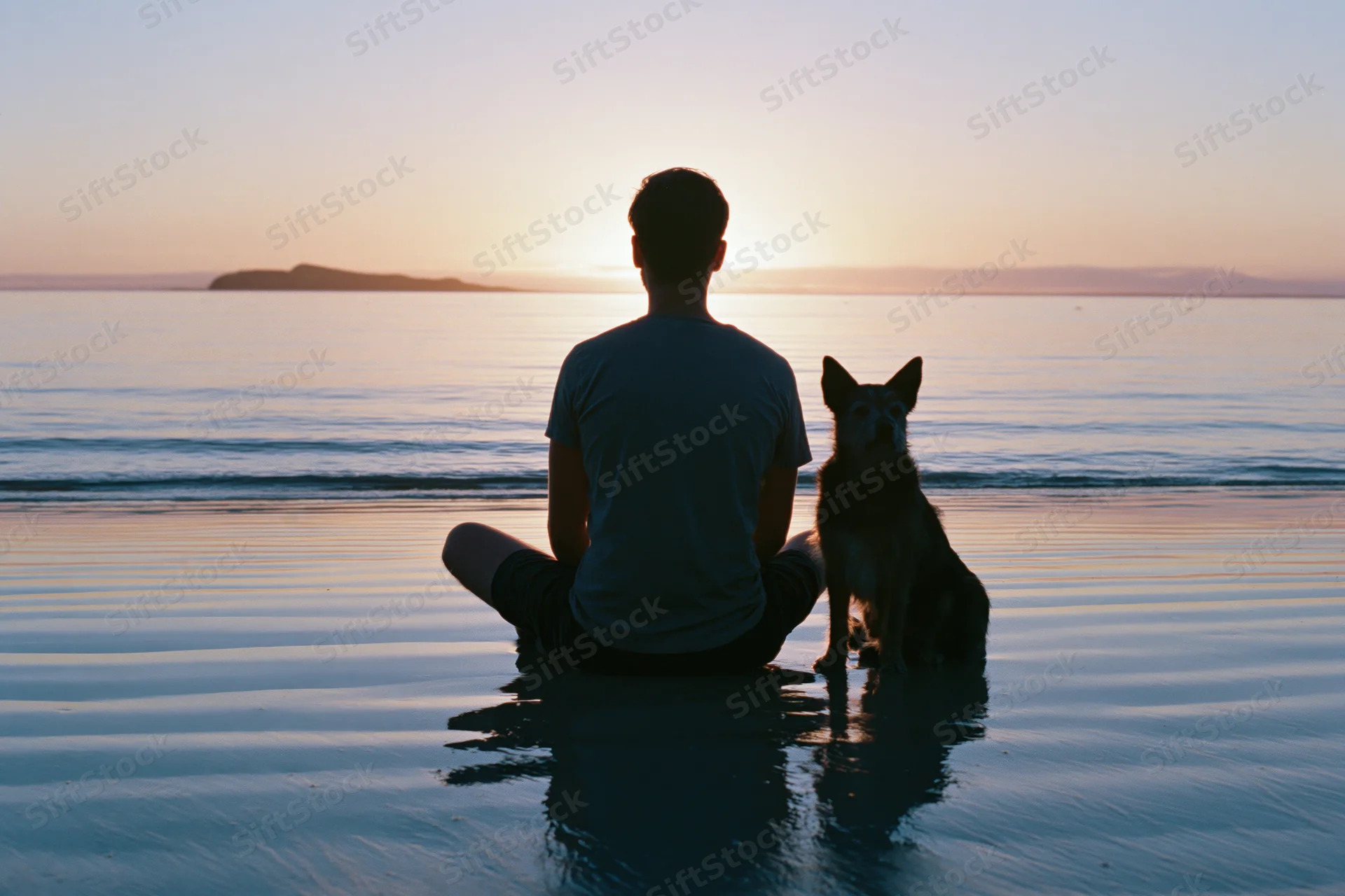 Young man sitting cross-legged on wet sand with dog at sunset on beach