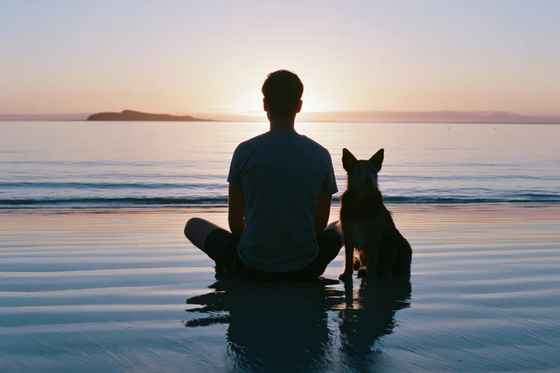 Young man sitting cross-legged on wet sand with dog at sunset on beach