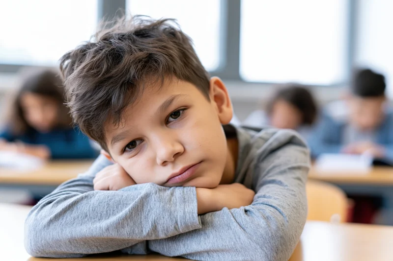 Young boy resting his head on folded arms at a desk in a classroom