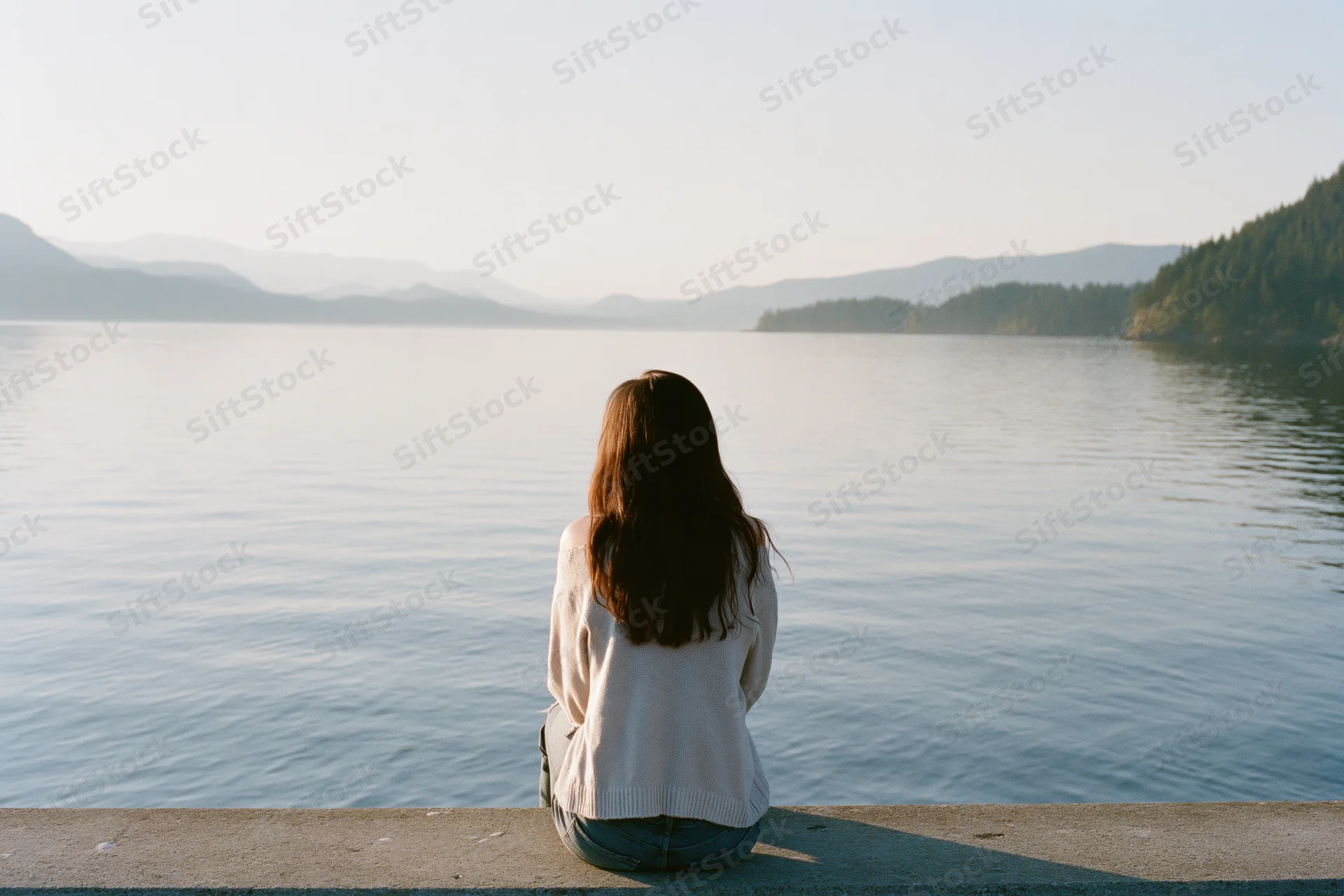 Young woman sitting alone on concrete ledge facing calm lake with mountains in distance