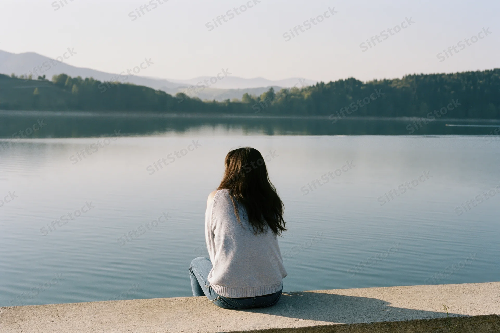 Young woman sitting alone on concrete by a calm lake facing distant mountains and forested shore