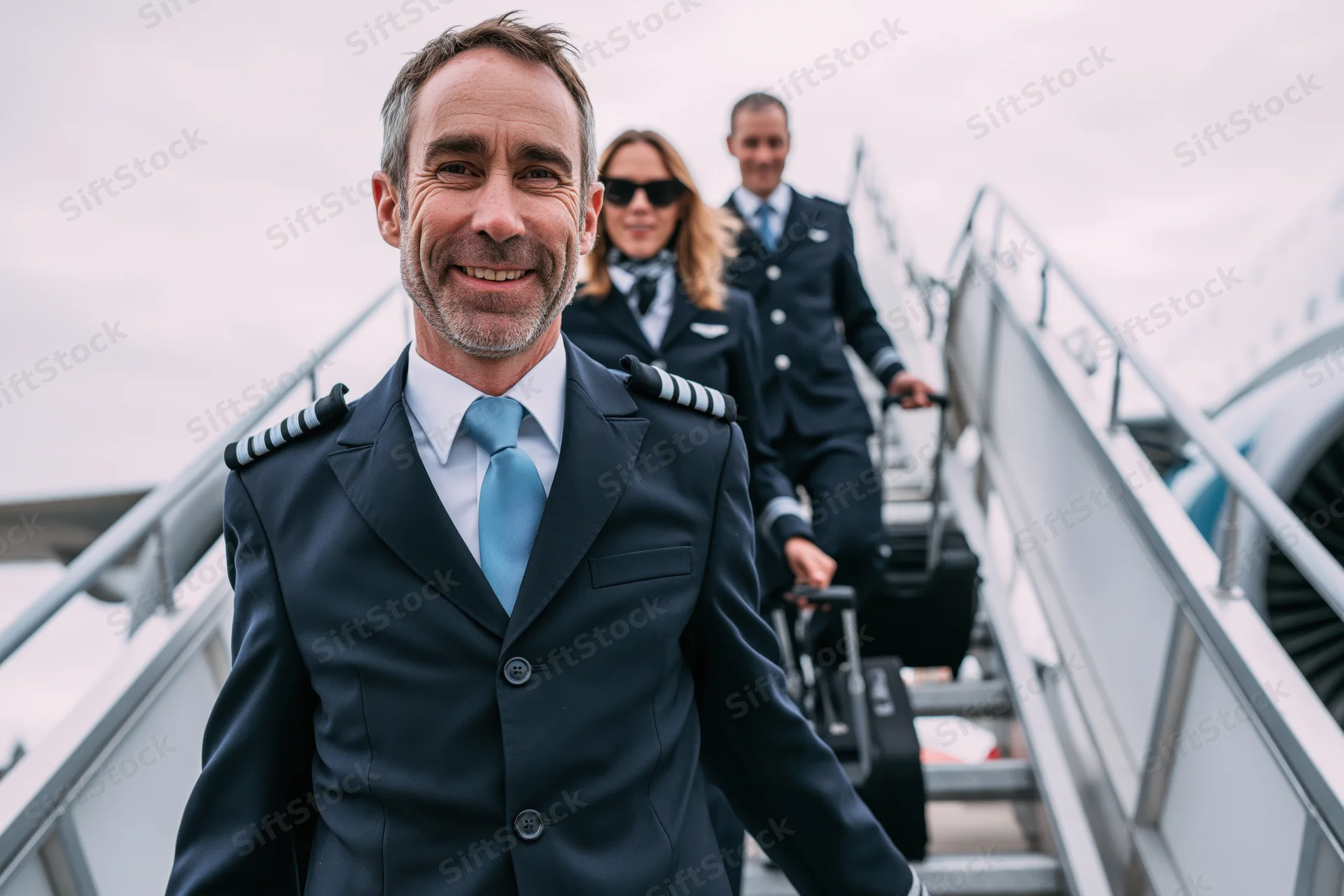 Pilot in navy uniform smiling while descending airplane stairs with flight attendants behind