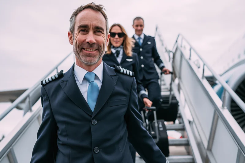 Pilot in navy uniform smiling while descending airplane stairs with flight attendants behind