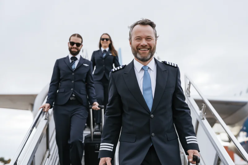 Pilot smiling while walking down airplane stairs with flight attendants behind him