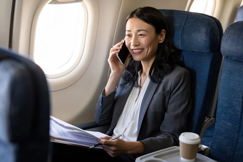 Asian businesswoman smiling while talking on smartphone and holding documents in airplane cabin seat