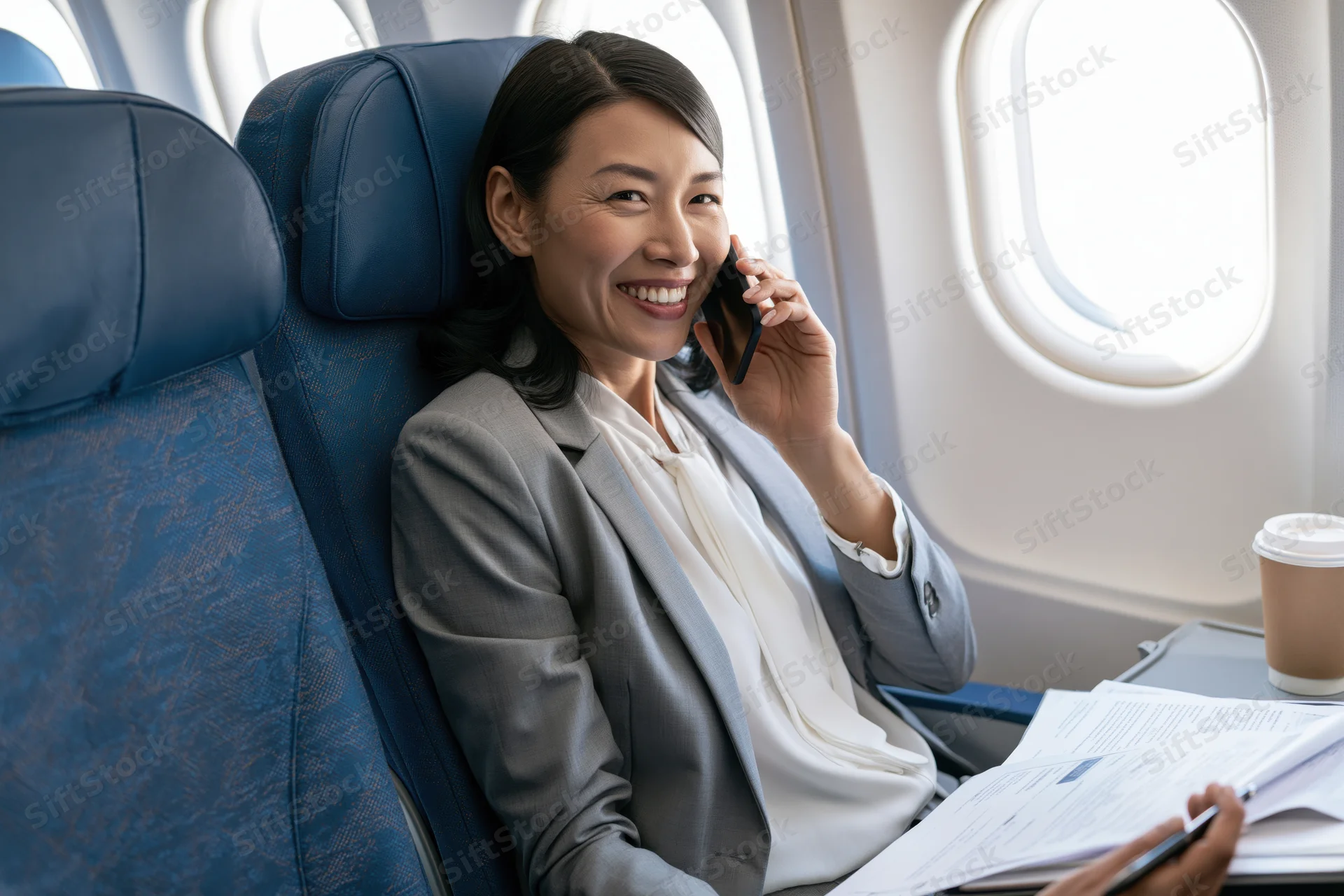 Asian businesswoman smiling while talking on phone in airplane cabin seat