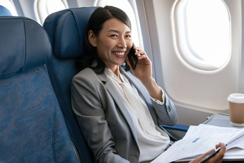 Asian businesswoman smiling while talking on phone in airplane cabin seat