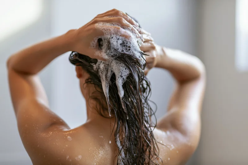 Woman washing her hair with shampoo in the shower, back view