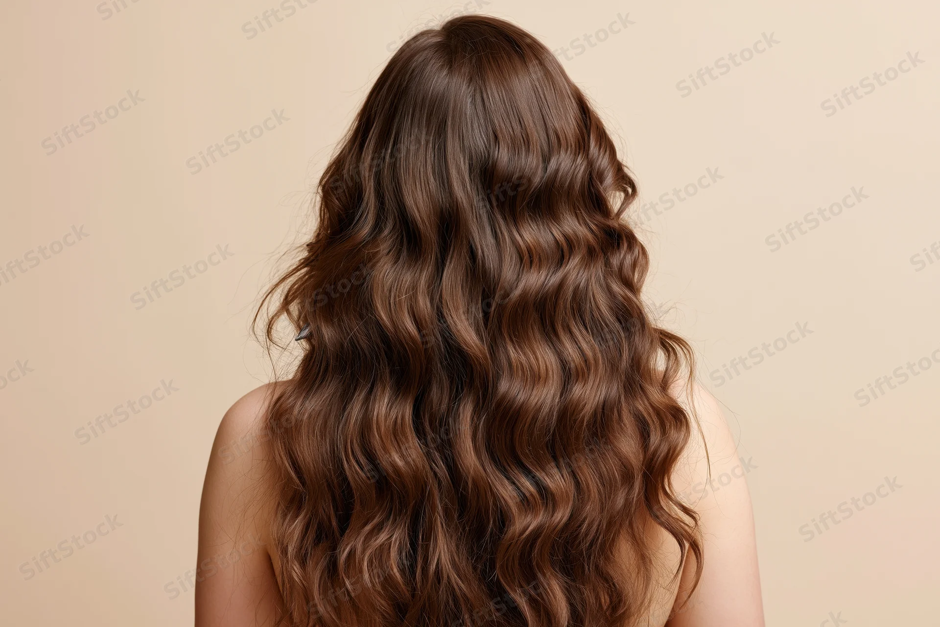 Back view of a woman with long wavy chestnut brown hair against beige background