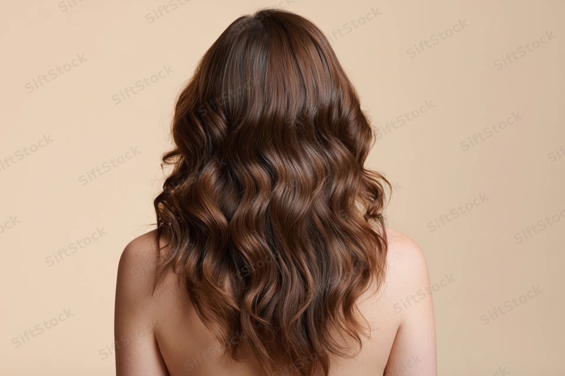 Back view of a woman with long wavy chestnut brown hair
