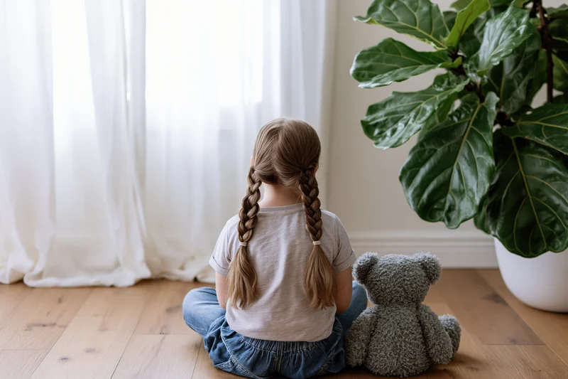 Young girl with long braids sitting on wooden floor beside teddy bear near window