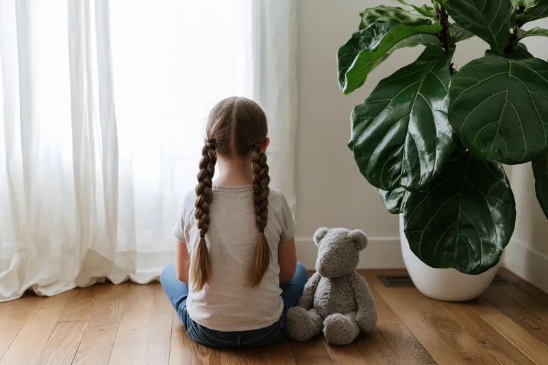 Young girl with long braids sitting on wooden floor beside a teddy bear and large plant near a window