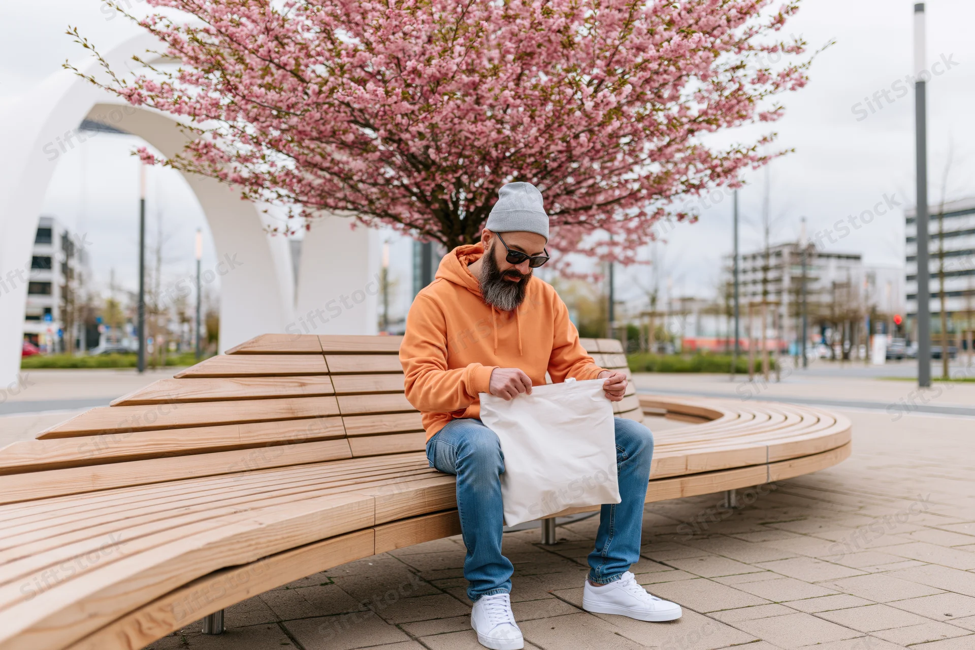 Bearded man in orange hoodie and grey beanie sitting on curved wooden bench in city park holding white t-shirt