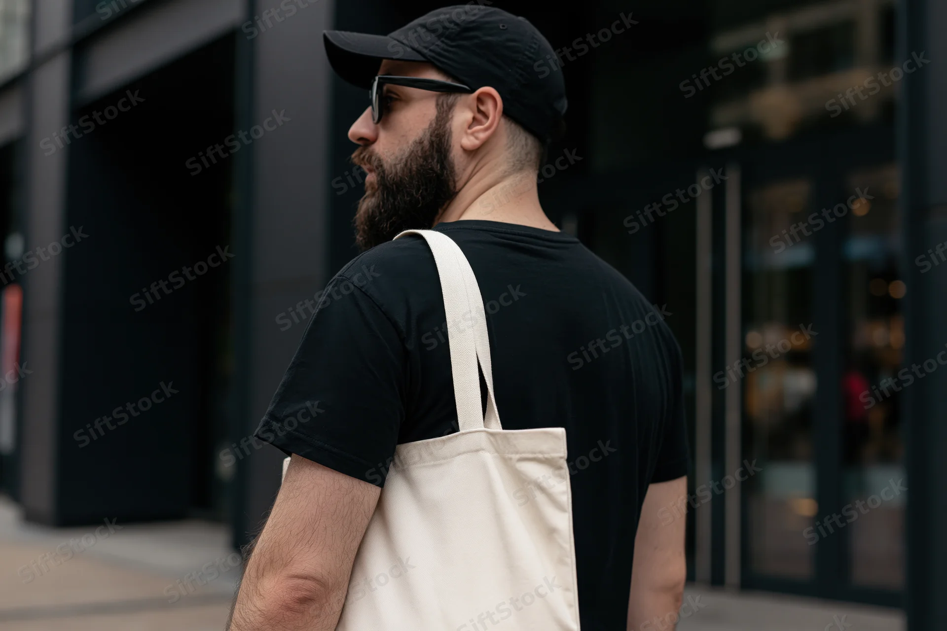 Bearded young man in black cap and sunglasses carrying tote bag on city sidewalk