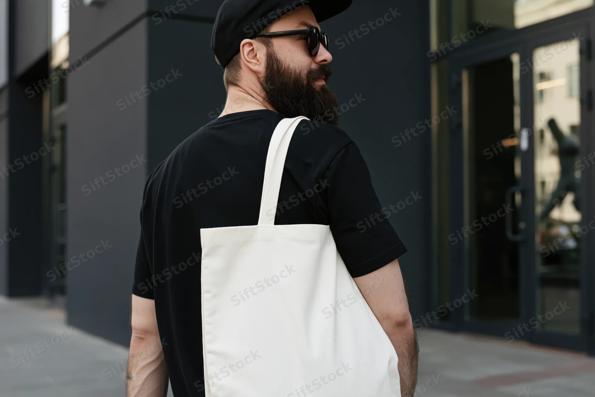 Bearded young man in black cap and sunglasses standing on city sidewalk with white tote bag over shoulder