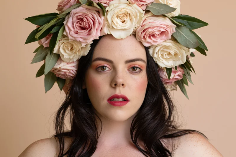 Young woman with floral crown of pink and white roses and green leaves, wearing makeup, in studio portrait