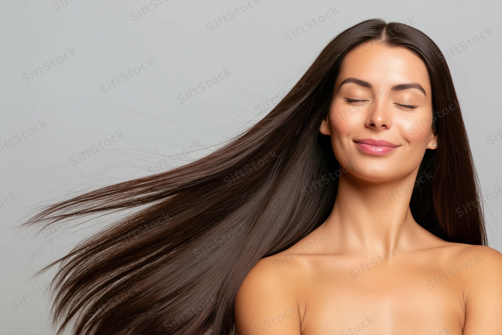 Young woman with long glossy hair flowing in motion, eyes closed, smiling, in studio setting