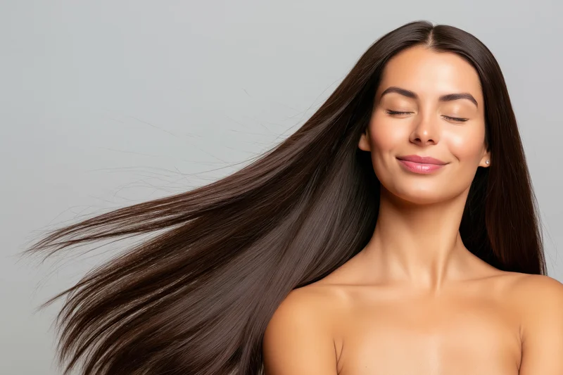 Young woman with long glossy hair flowing in motion, eyes closed, smiling, in studio setting