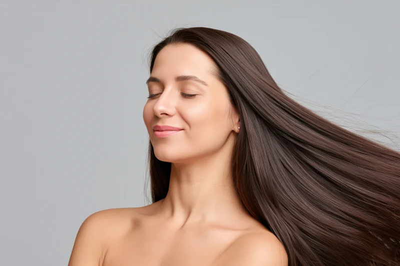 Young woman with long glossy hair flowing in side profile, eyes closed, smiling softly in studio setting