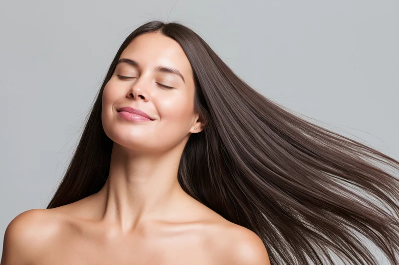 Young woman with long glossy hair flowing, eyes closed, smiling softly in studio portrait