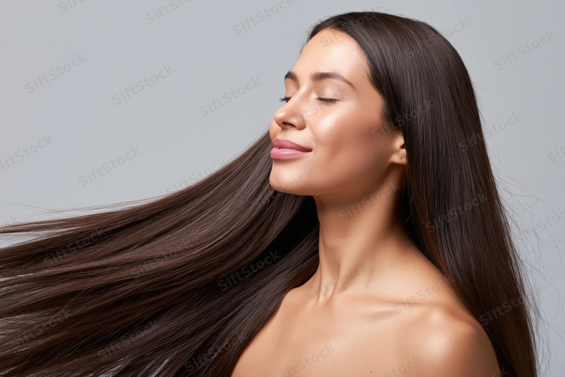 Young woman with long glossy dark hair in side profile, eyes closed and smiling, in studio setting