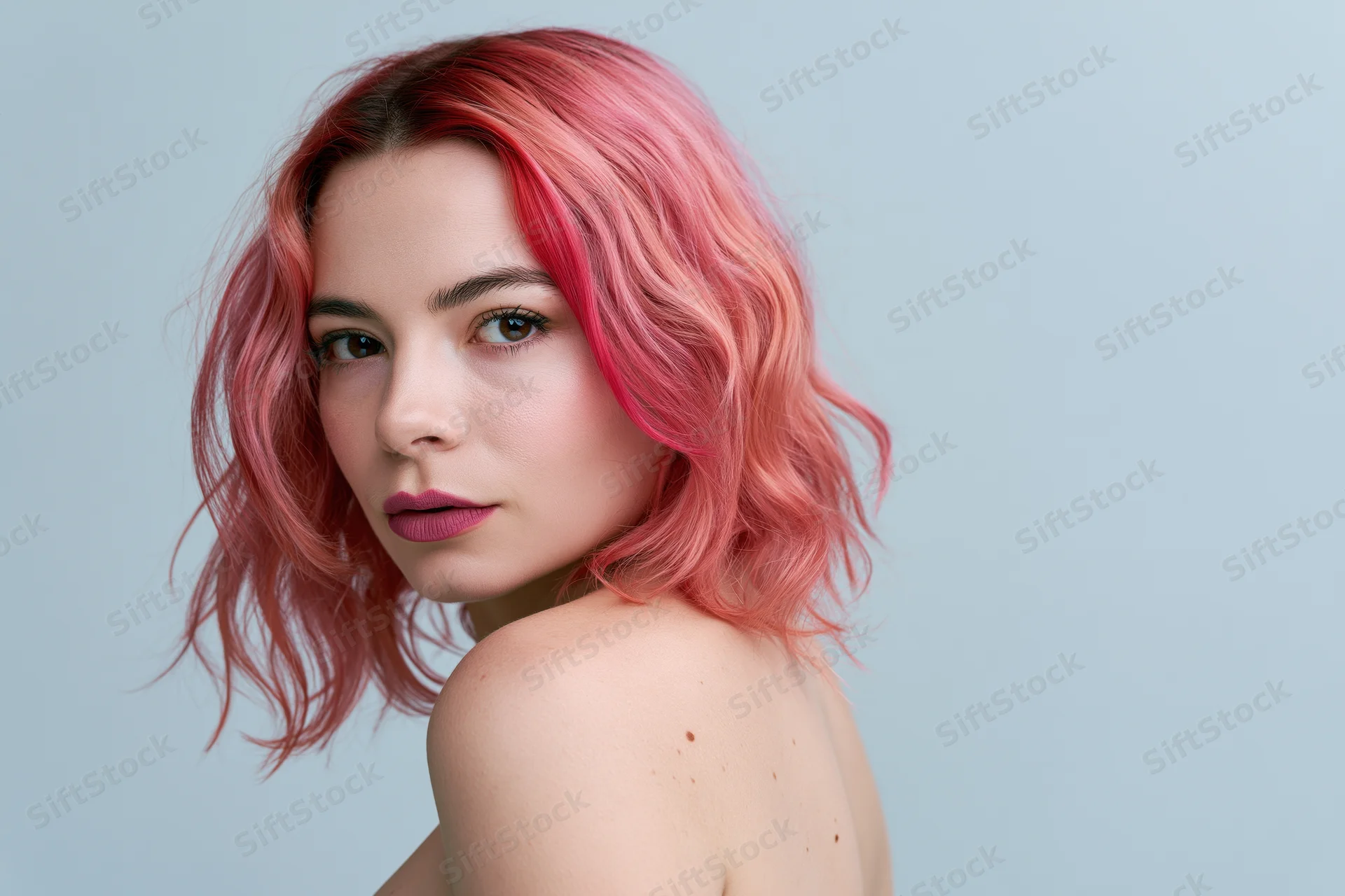 Young woman with shoulder-length wavy pink hair in studio portrait