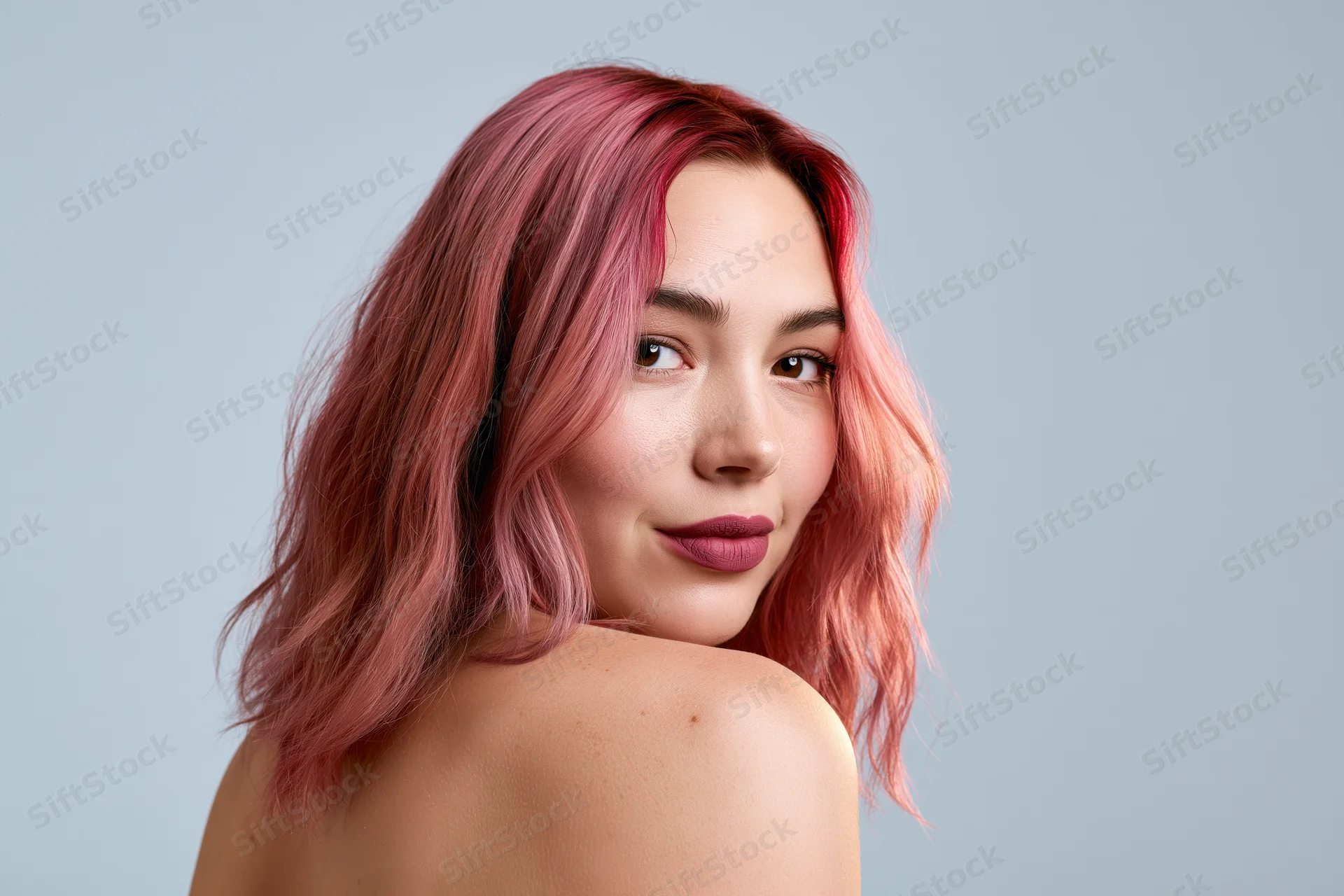 Young woman with shoulder-length wavy pink hair and purple lipstick in studio portrait