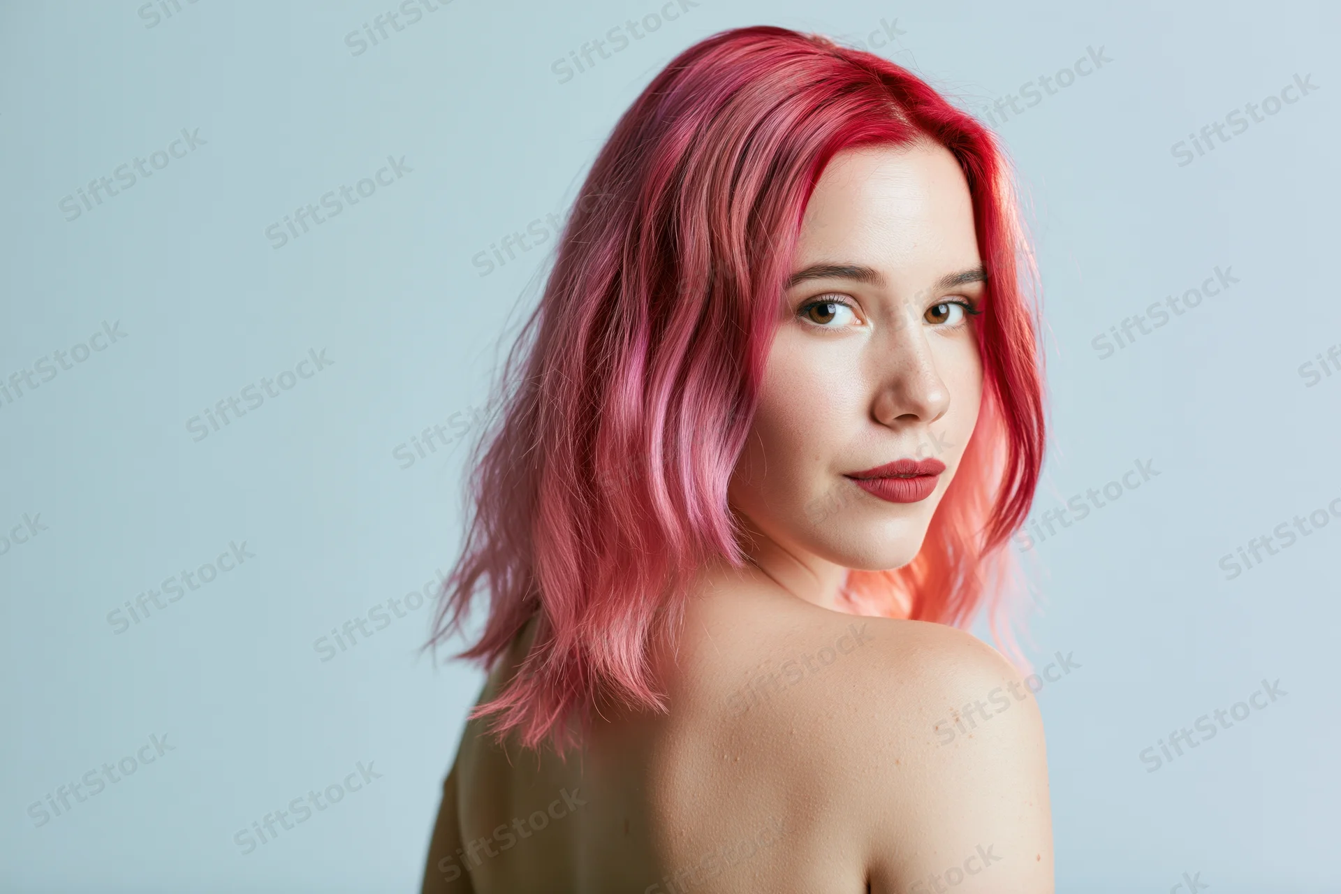Young woman with shoulder-length wavy pink hair posing in studio portrait
