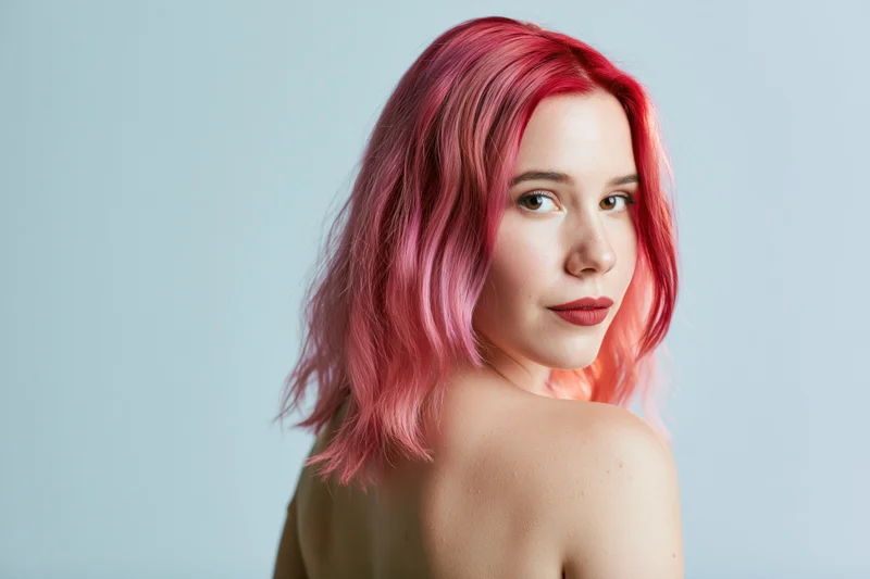 Young woman with shoulder-length wavy pink hair posing in studio portrait