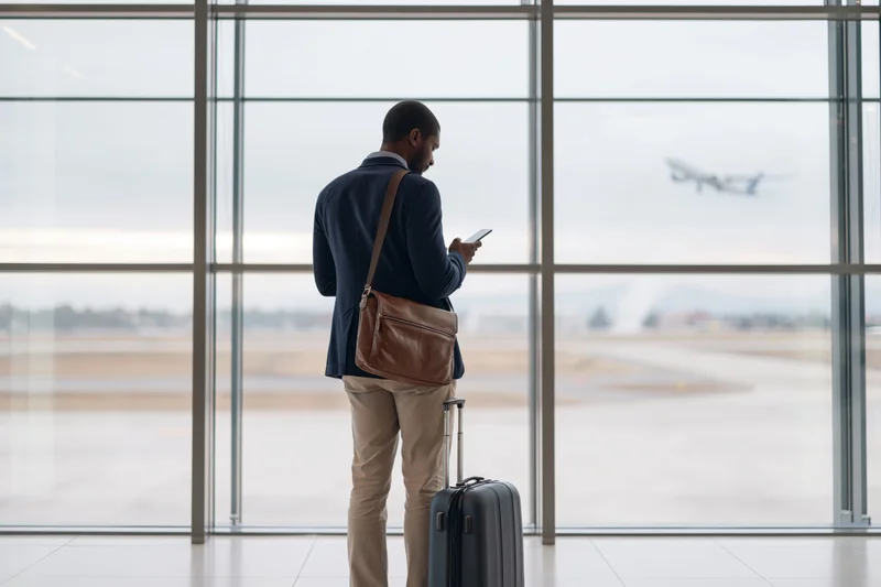 Black businessman standing at airport terminal window checking smartphone with suitcase beside him