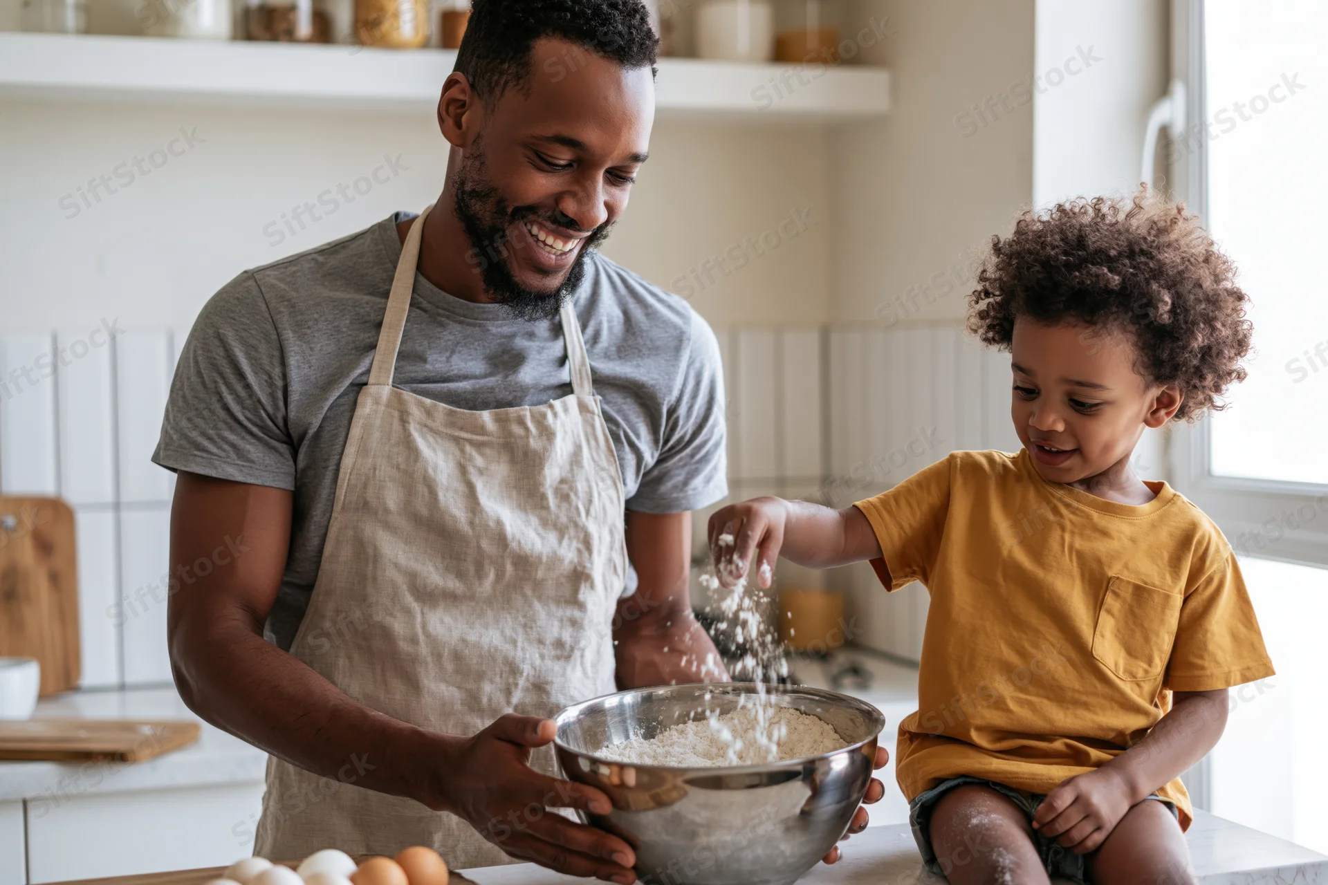 Black father and young son baking together in kitchen, son sprinkling flour into metal bowl while father holds it, both smiling