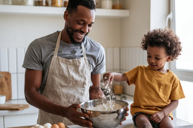 Black father and young son baking together in kitchen, son sprinkling flour into metal bowl while father holds it, both smiling