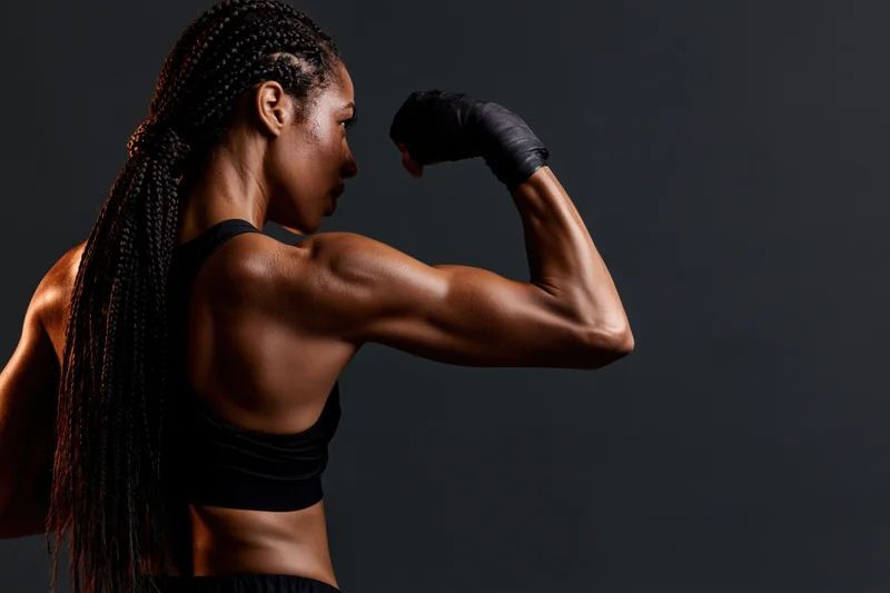 Black woman boxer flexing bicep in profile against dark background