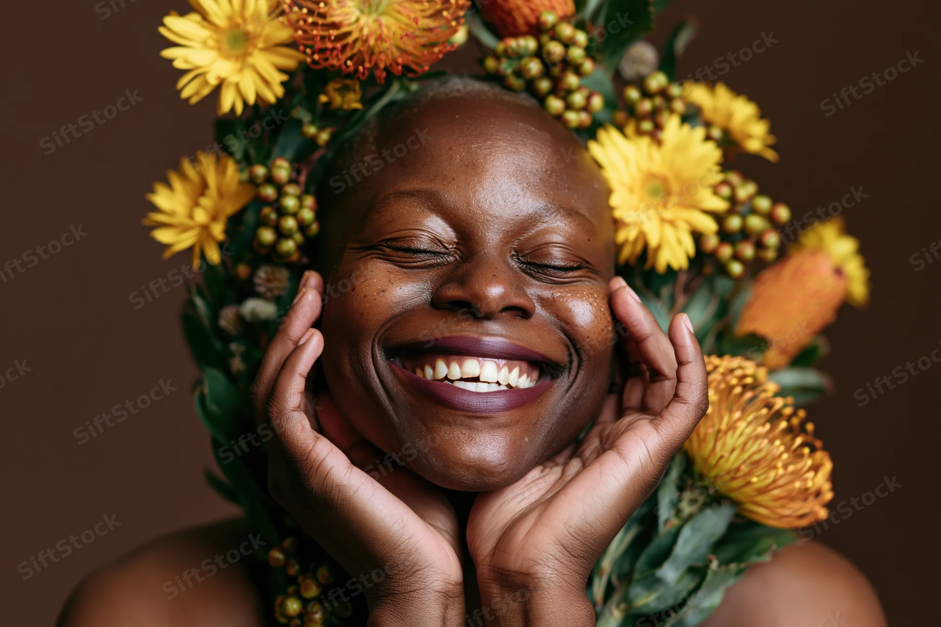 Black woman with shaved head smiling joyfully eyes closed wearing floral crown, hands on cheeks