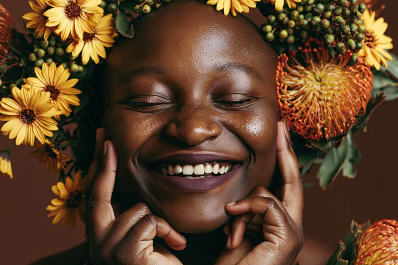 Black woman smiling with eyes closed, wearing a floral crown, hands gently touching her face