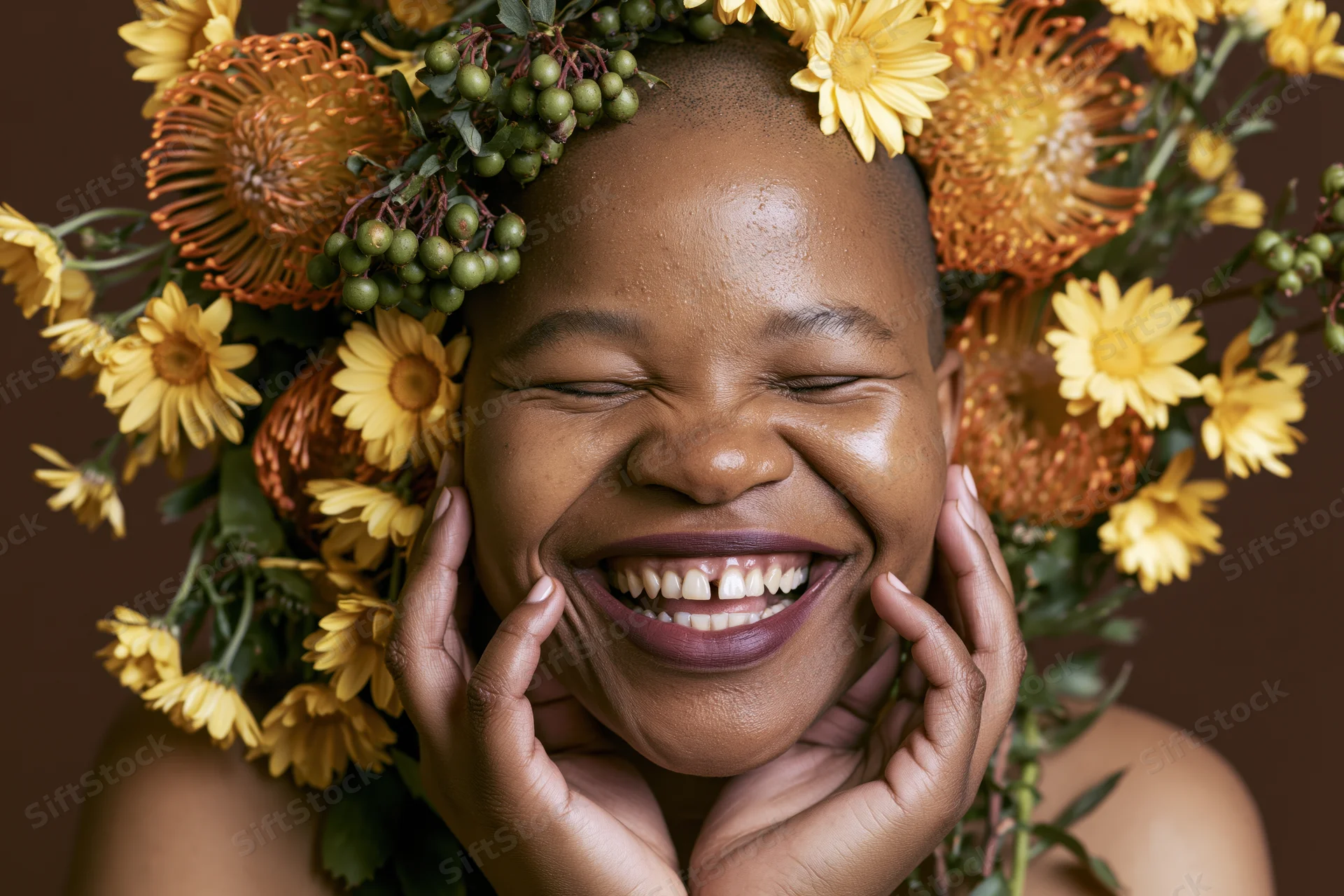 Black woman with shaved head smiling joyfully eyes closed wearing floral crown, hands on cheeks