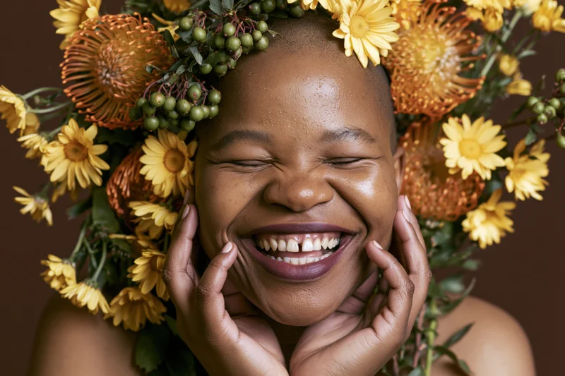 Black woman with shaved head smiling joyfully eyes closed wearing floral crown, hands on cheeks