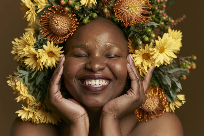 Black woman with shaved head smiling joyfully eyes closed wearing floral wreath hands on cheeks