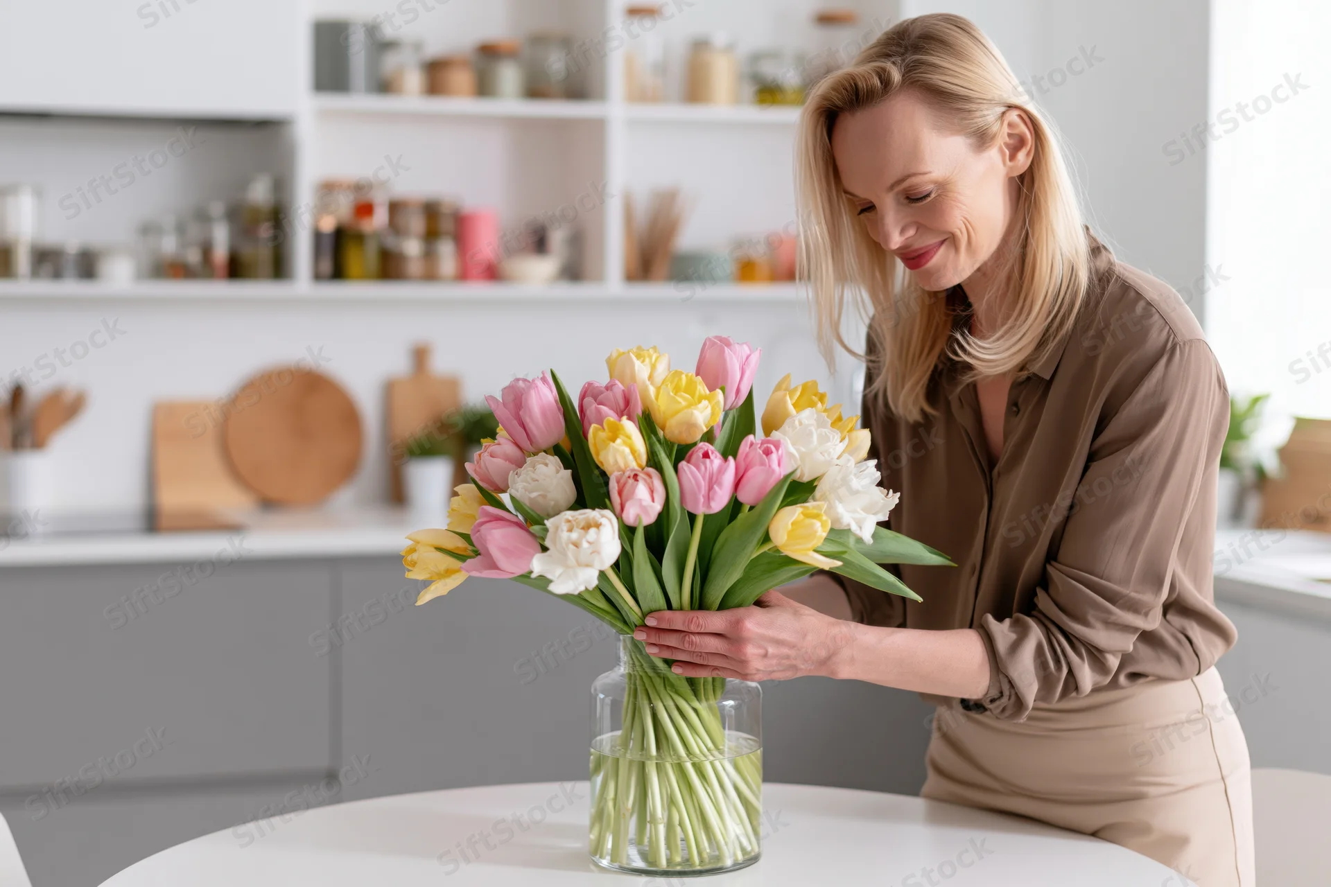 Woman arranging a bouquet of pink yellow and white tulips in a glass vase on a kitchen table