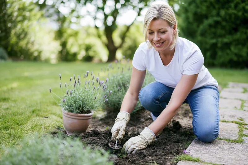 Blonde woman kneeling in backyard garden planting lavender with trowel and gloves